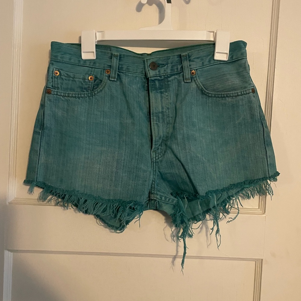 Levi's Teal Frayed Jean Shorts
